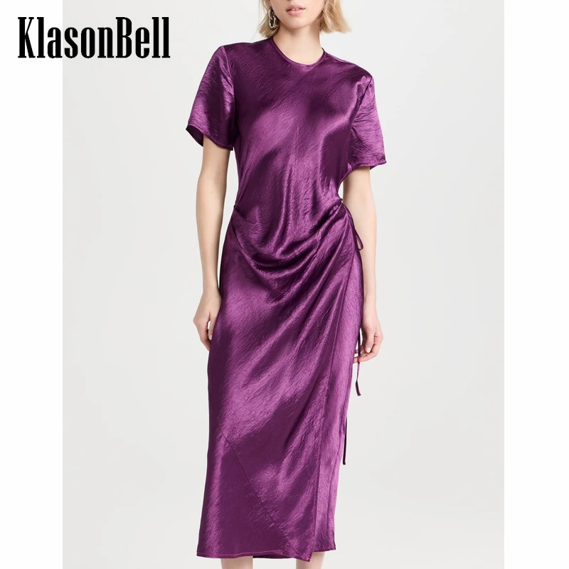 

3.16 KlasonBell Fashion Elegant Acetate O-Neck High Quality Satin Ruched Lace-up Wraparound Side Split Long Dress Women