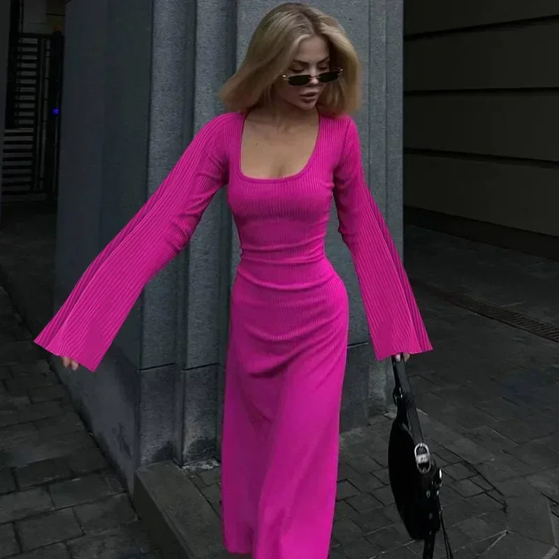 

2024 Autumn Office-lady Lace-Up Straps Dresses Fashion Clothes Sexy Solid Ribbed Trumpet Sleeves Maxi Dress Women Elegant 29614