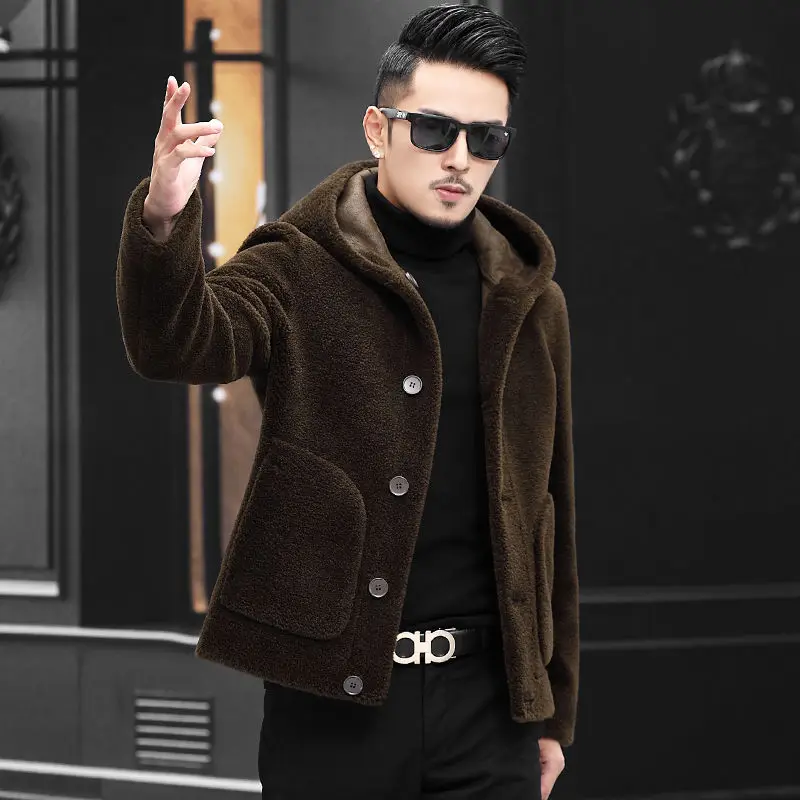 

2022 Men Winter New Fashion Real Lamb Fur Warm Jackets Man Short Sheep Shearling Outwear Male Long Sleeve Hooded Overcoat N01