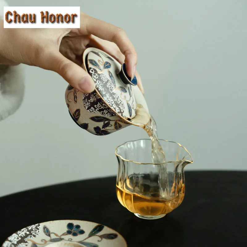 160ML Blue And White Flint Red Gaiwan Gold Drawing Branch Lotus Tea Tureen Tea Bowl With Lid Kit Tea Making Cover Bowl Tea Set