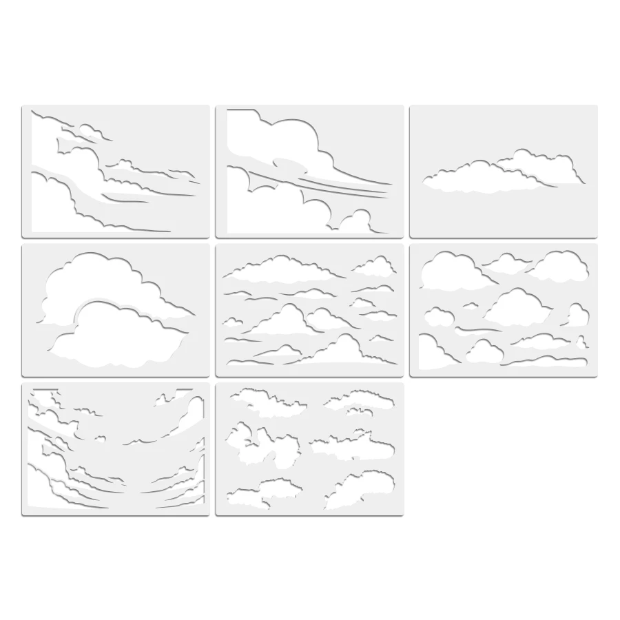 8PCS A4 구름 스텐실 세트 하늘 그림 템플릿 DIY 벽 예술 스크랩북 저널 공예 장식을위한 재사용 가능한 드로잉 스텐실