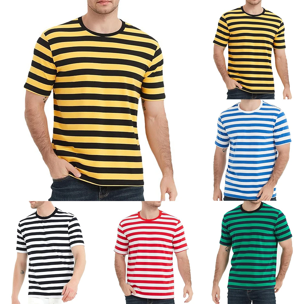 O Neck Top T Shirt Slight Stretch Striped Summer Black T Shirt Blue Casual Yellow Casual Top Daily For Vacation