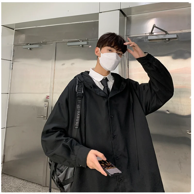 Men Shirt  Long Sleeve Hooded Shirt Coat Spring Autumn Japanese Abstinence Fashion Brand ins A0002