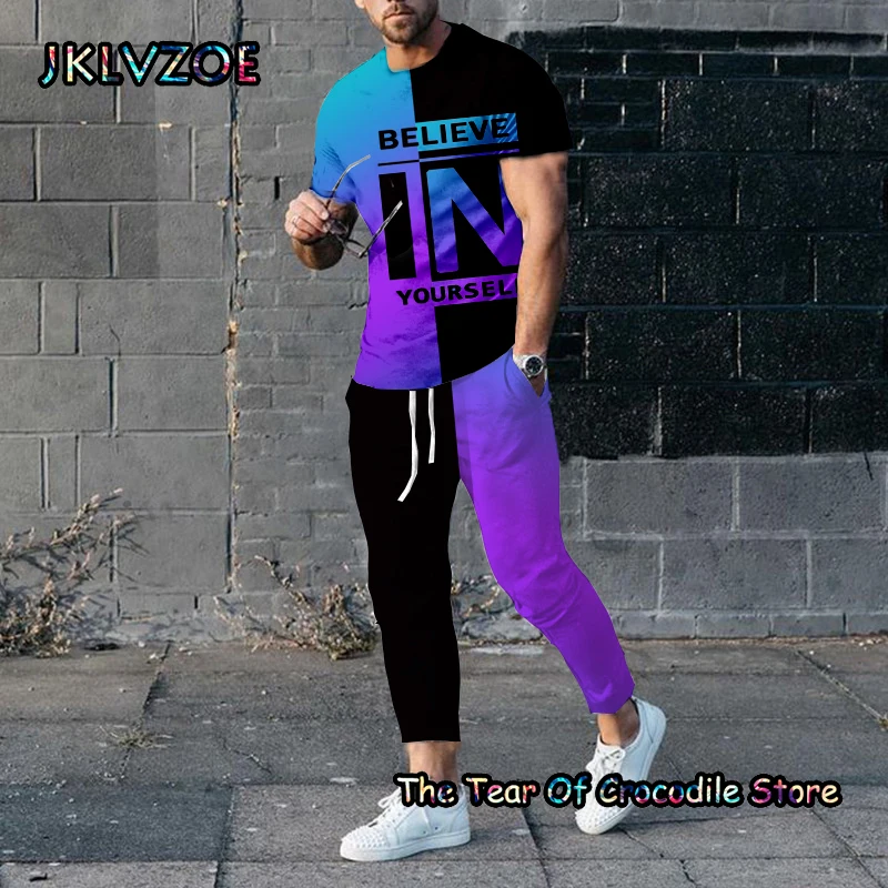 New Arrival Believe Colorful Men's Trousers Tracksuit 2 Piece Set 3D Print Summer Short Sleeve T Shirt+Long Pants Street Clothes new arrival men s trousers tracksuit 2 piece set 3d printed summer jogger suit short sleeve t shirt long pants street clothes