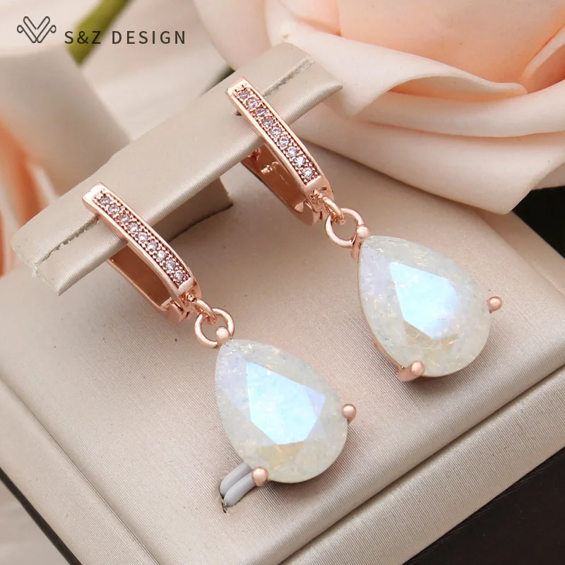 S&Z DESIGN New Fashion Water Drop Ice Crack Crystal Dangle Earrings For Women Wedding 585 Rose Gold Color Cubic Zirconia Jewelry