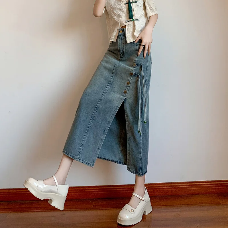 Chinese Style Split Denim Skirt Women Vintage High Waisted 2024 New Bandage Midi Long A-Line Skirts Fashion Faldas Para Mujeres