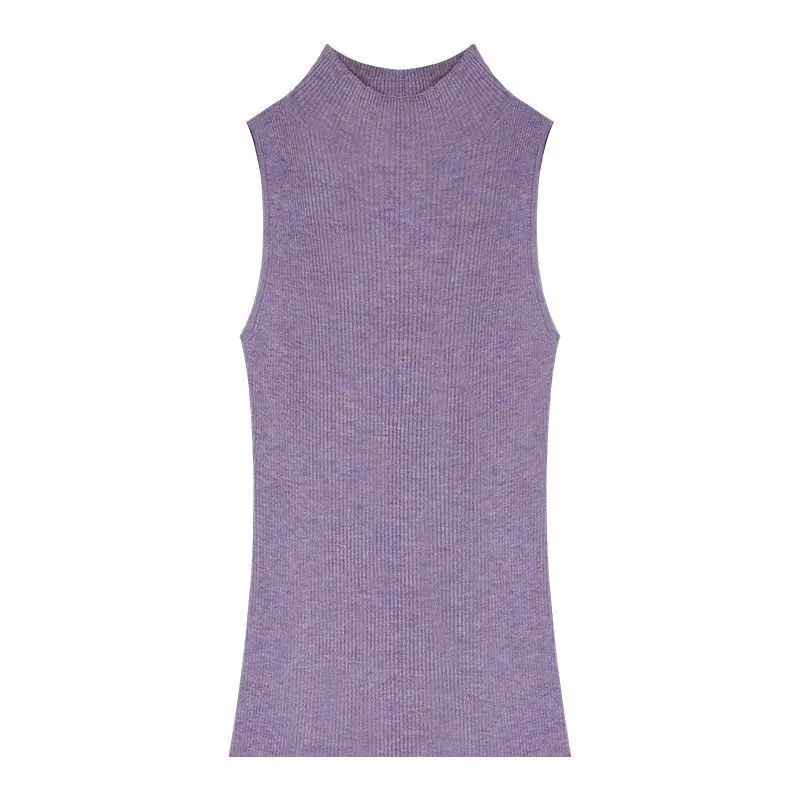 Turtleneck Knitted Tank Top for Women's Summer Sleeveless Elastic Sexy Slim Basic Tops Streetwear