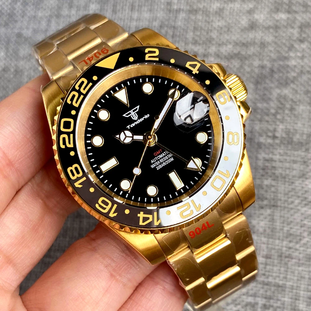 

Gold NH34 GMT Waterproof SUB Selfwinding Wristwatch Men Tandorio Brand Calendar Date 120clicks Bezel Sapphire Crystal 904L Band