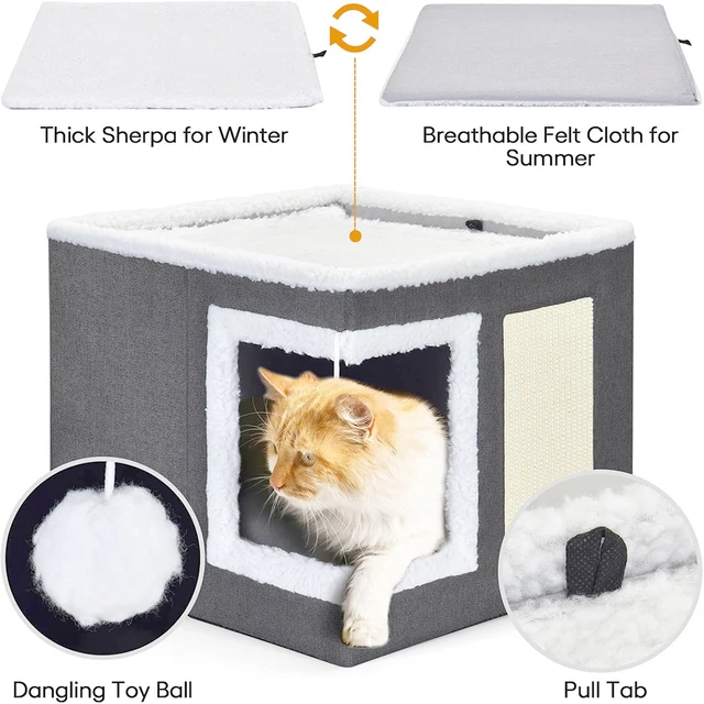 4-Season Multi-Level Cat House Heated Cat Bed for Indoor Cat Indoor Foldable Removable Cushion,Anti-Slip Base Winter Warmth Cave 5