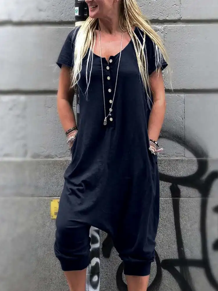 Jumpsuits Women 2023 Overalls Summer Vintage Drop-Crotch Female Playsuit Casual Celmia Short Sleeve O-neck Buttons Solid Rompers