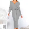 Knitted Sweater Dress Women Wrap Belted Tunic Midi Vestidos Long Sleeve V Neck Split Casual Autumn Winter Office Lady Dresses 4