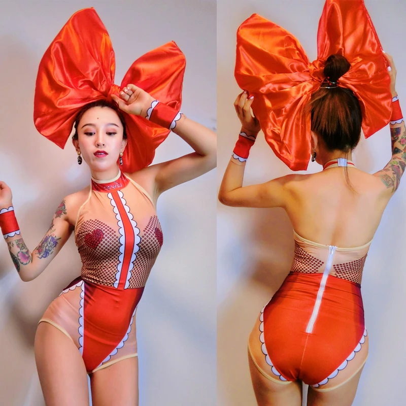 

Big Bow Headdress Printed Bodysuit Sexy Gogo Dancer Costumes Nightcub Dj Ds Singer Rave Clothes Women Stage Show Outfit DWY9165