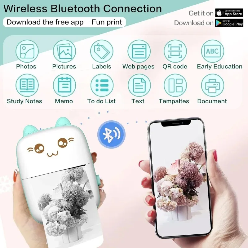 휴대용 미니 열전사 프린터, 고양이 모양, 무선 BT 200dpi, 사진 라벨 메모, 잘못된 질문 인쇄 태그 케이블