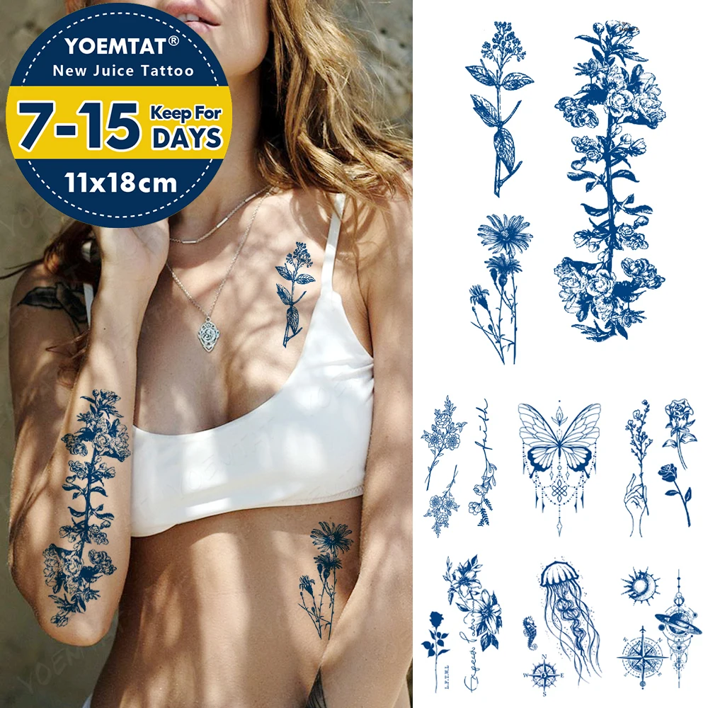 

Semi-Permanent Waterproof Temporary Tattoo Sticker Line Flower Text Genipin Herbal Leaves Juice Lasting Ink Fake Shoulder Tatoo