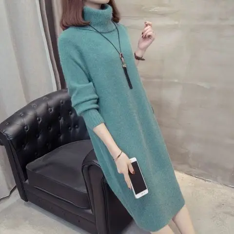 

Women's Plus Size Casual Mid Length Knitted Dress Sweater Solid Bottom Versatile High Collar 2023 Autumn/Winter New B770