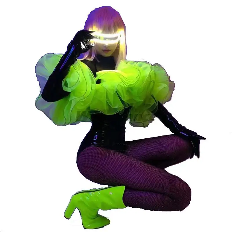 

New Sexy Black Pu Leather High Fork Bodysuit Fluorescent Green Outfit Women DJ Dancer Singer Nightclub Sexy Stage Costume