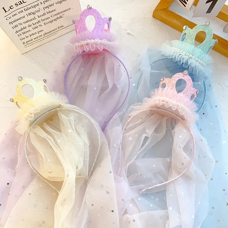 Korean New Children's Shiny Crown Headband Girls' Birthday Hairpin Head Jewelry Mesh Streamer Headband Headdress