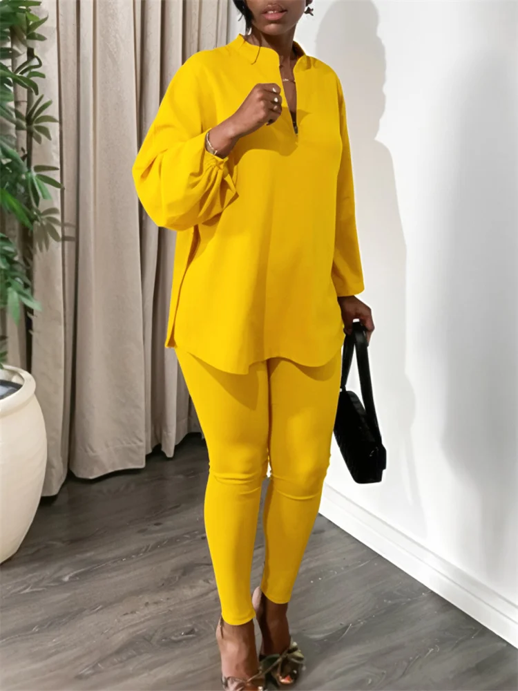 Wmstar 2 Piece Sets Women Autumn/Winter Fashion Style Solid Color V-neck Long Sleeved Top and Pants Set Wholesale Dropshipping