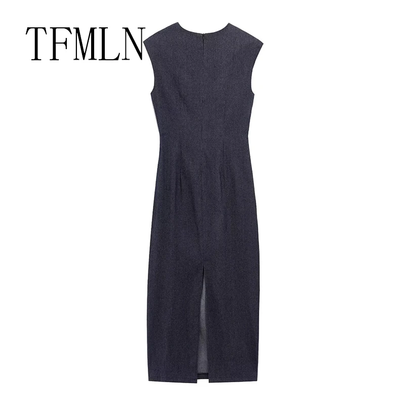 TFMLN New Women Denim Long Dresses Female Fashion Gold Decoration Dress O-Neck Sleeveless Midi Dress Woman