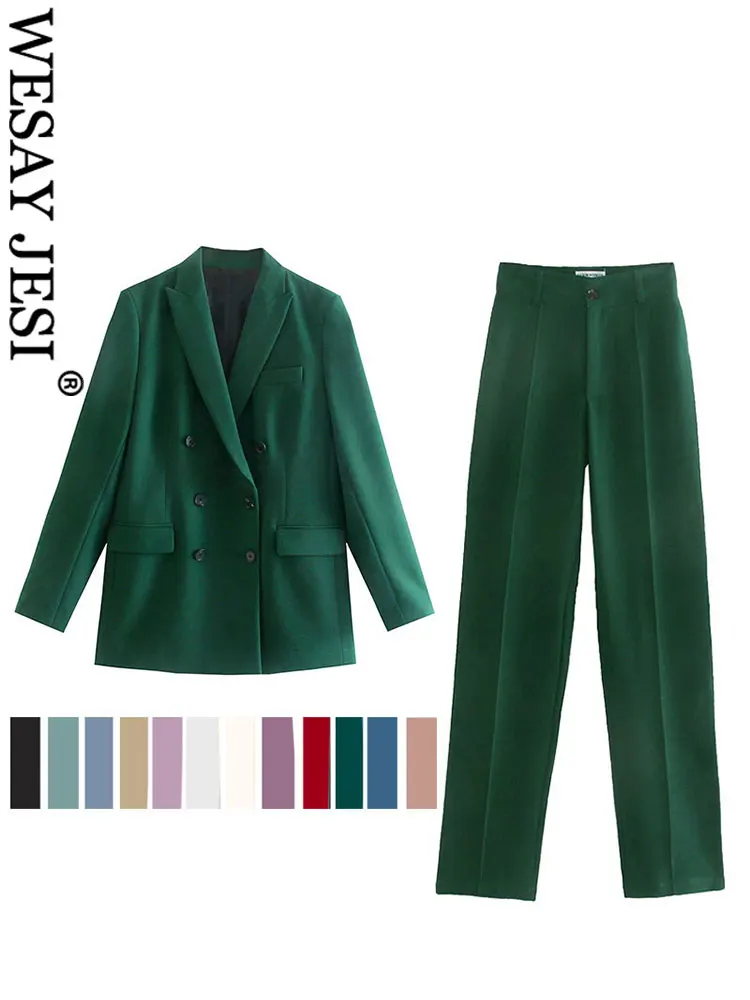 

Женский костюм WESAY JESI TRAF из двух предметов, двубортный пиджак с отложным воротником и брюки, однотонный пиджак с длинным рукавом и брюки, офисная одежда для женщин