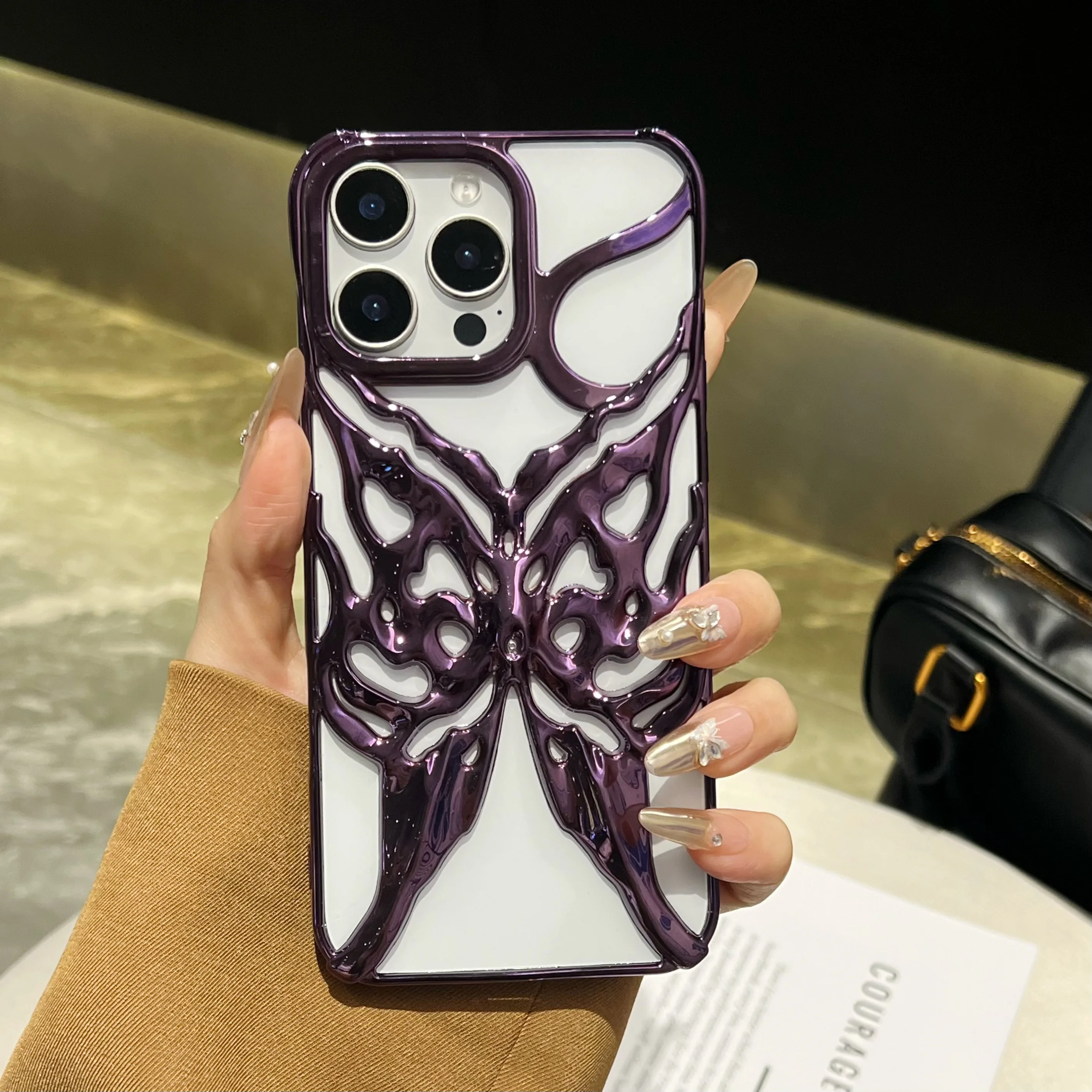 Fashion Plating Hollow Butterfly Pattern Matte Shockproof Phone Case with Heat Dissipation