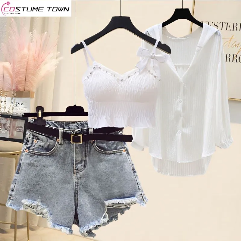 Spring/Summer Set Women's 2023 New Korean Edition Age Reducing Hanging Strap Tank Top Shirt Jeans Three Piece Set 25kpa dn50 vacuum relief pressure reducing valve for transformer oil tank ysf8 series