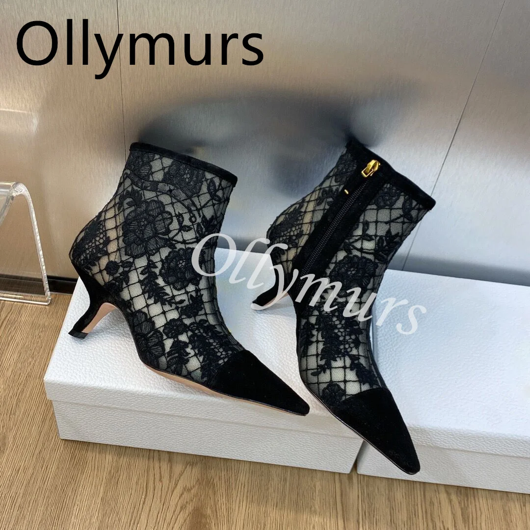 

Новые Сексуальные черные ботильоны на шнуровке с вышивкой на каблуке с котятами и острым носком брендовая дизайнерская женская обувь с молнией сбоку