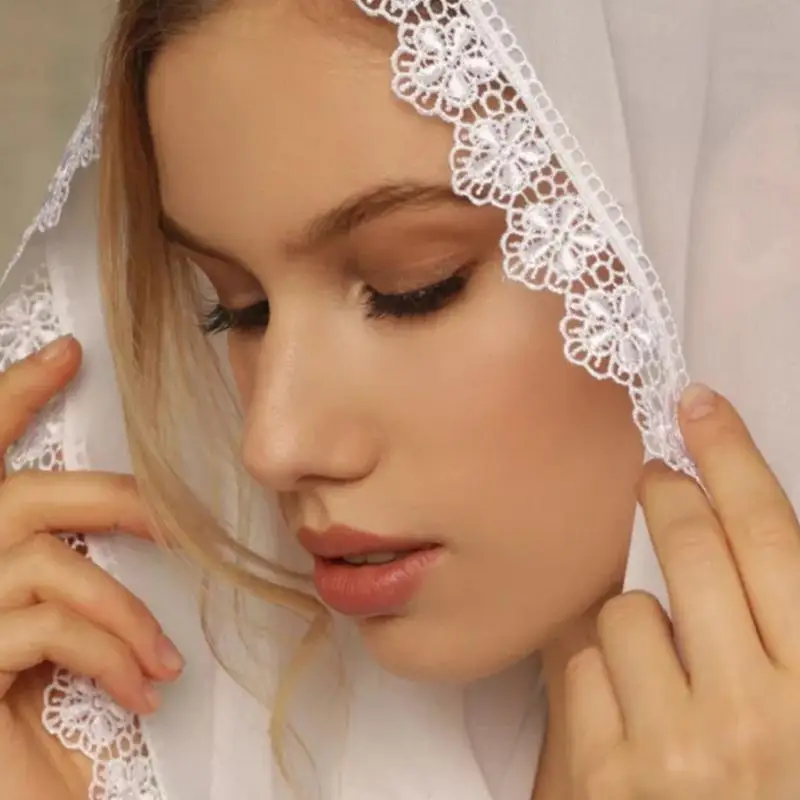 49ME Woman Lace Veil Wedding Church Lace Trim Veil Lightweight Scarf with Floral Pattern Hot Weather Muslims Girl Headscarf