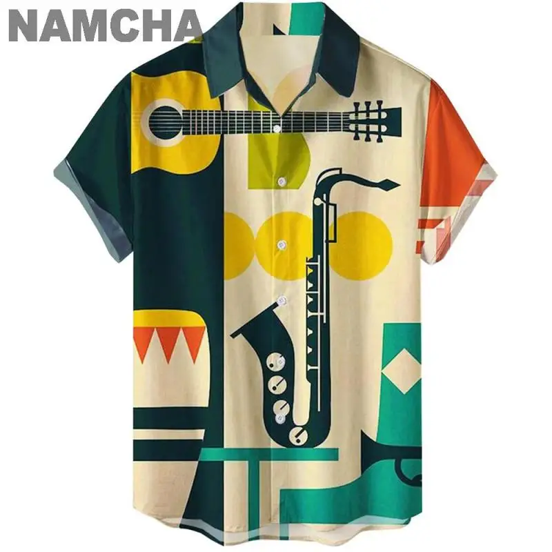 Summer Beach Style Men's Hawaiian Shirts 3D Printed Casual Musical Instruments Tops Loose Short-sleeve Blouses Camicias