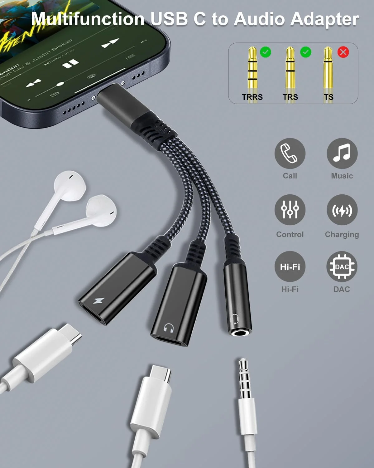 3-in-1 USB-C to 3.5mm Audio and Fast Charging Adapter