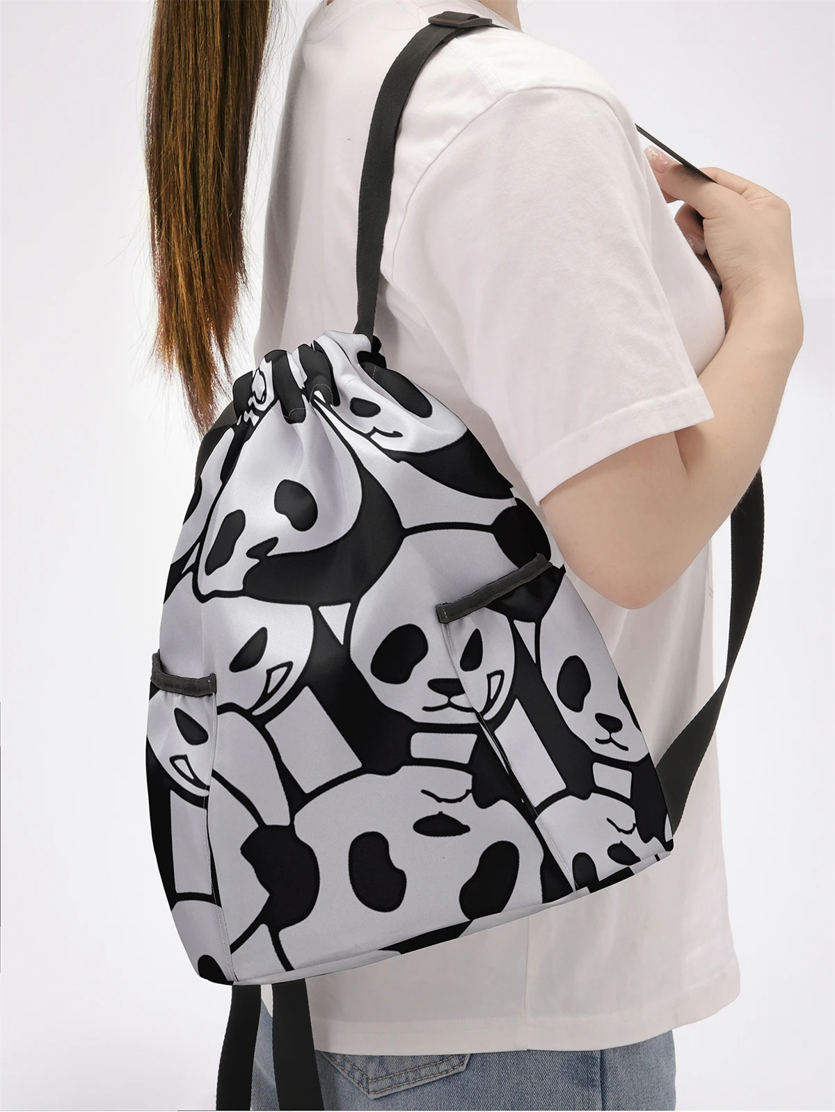 Panda Pattern Drawstring Backpack - Large Capacity Durable Fitness Bag, Adjustable Shoulder Strap, Sports Beach Backpack