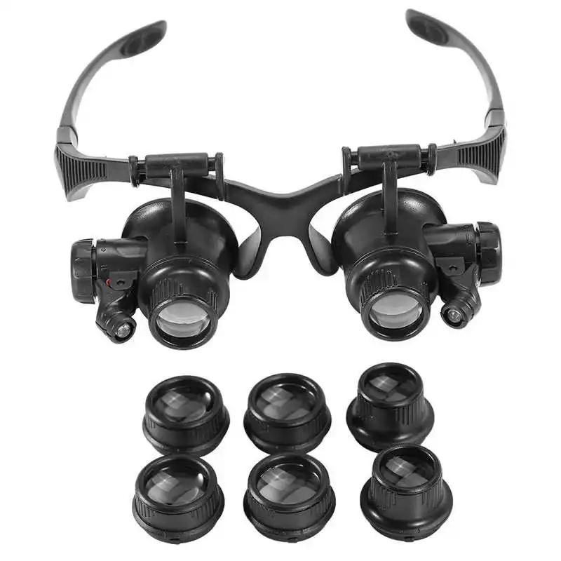 

10X 15X 20X 25X Head Band Double Eye Magnifier Eyeglasses Magnifying Glass 8Pcs Lens LED Light Loupe Jewelry Watch Repair Tool