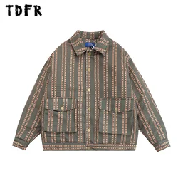 Flower Vertical Stripes Padded Jacket Mens Winter Retro Casual Pocket Quilted Jacket Men Thick Outerwear