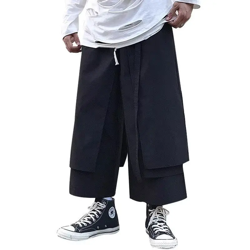 Fashion Black Straight Cropped Pants Streetwear Men's Casual Pants Wide Hip Hop Tang Suit Flared Online Chinese Store