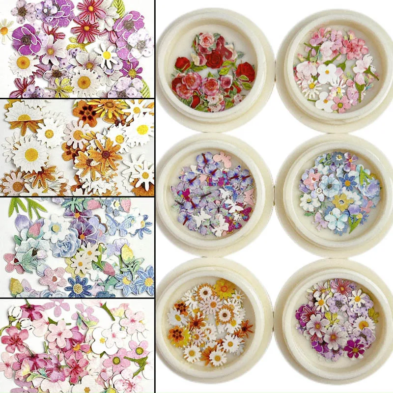50 teile/schachtel Nagel Blume Ultra-dünne Holz Zellstoff Patch DIY Farbe Gemischt Kleine Daisy Rose Nagel Dekoration Schmuck Nagel kunst Zubehör – Detail 2