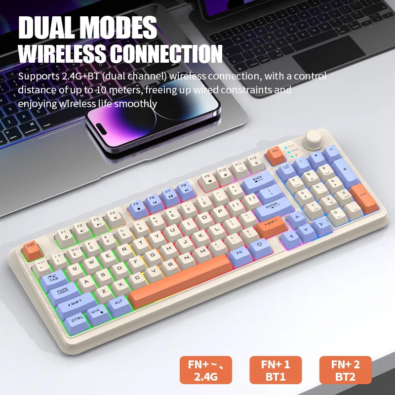 한국어 무선 키보드 스페인어 러시아어 아랍어 한국어 키보드 마우스 키트 블루투스 2.4G Type C RGB 조명 94키 충전식 배터리 K94 인체공학적 디자인