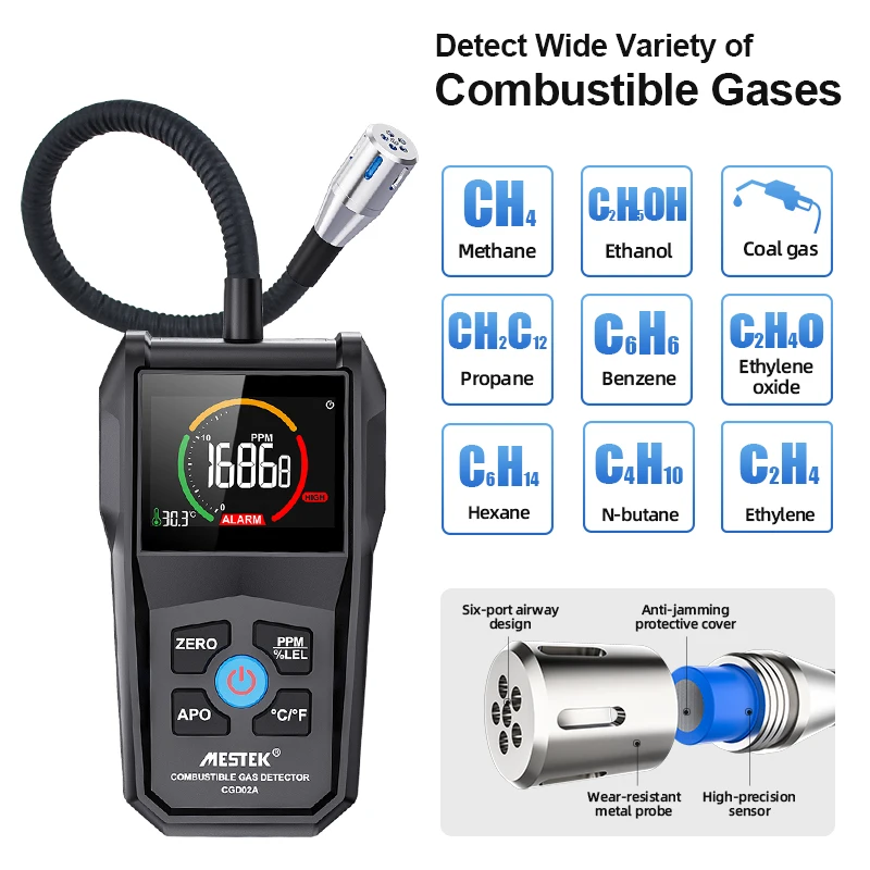 Mestek 가연성 가스 감지기, 컬러 스크린 LPG 미터 알람, 가연성 천연 가스 분석기, 가스 누출 감지기, 가스 미터 테스터