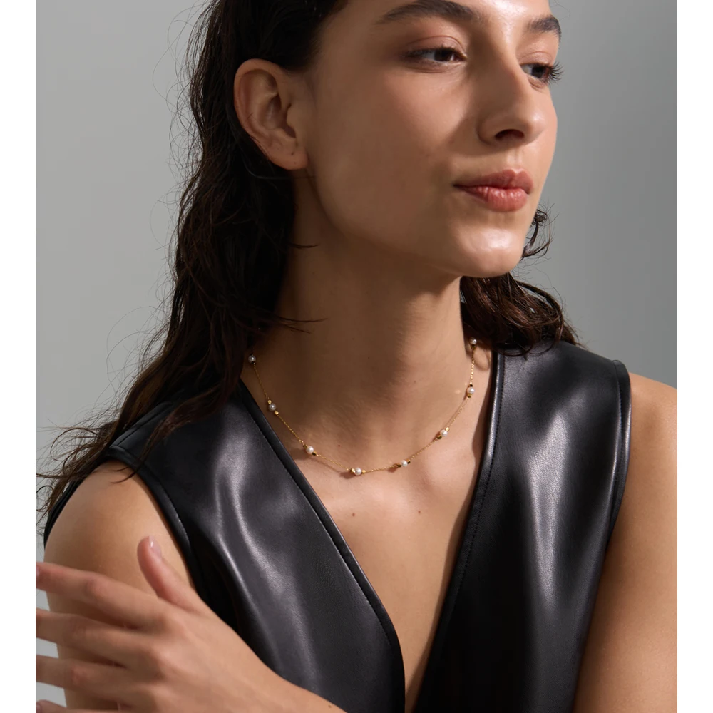 Yhpup Waterproof Stainless Steel Simulated Pearls Square Thin Chain Necklace