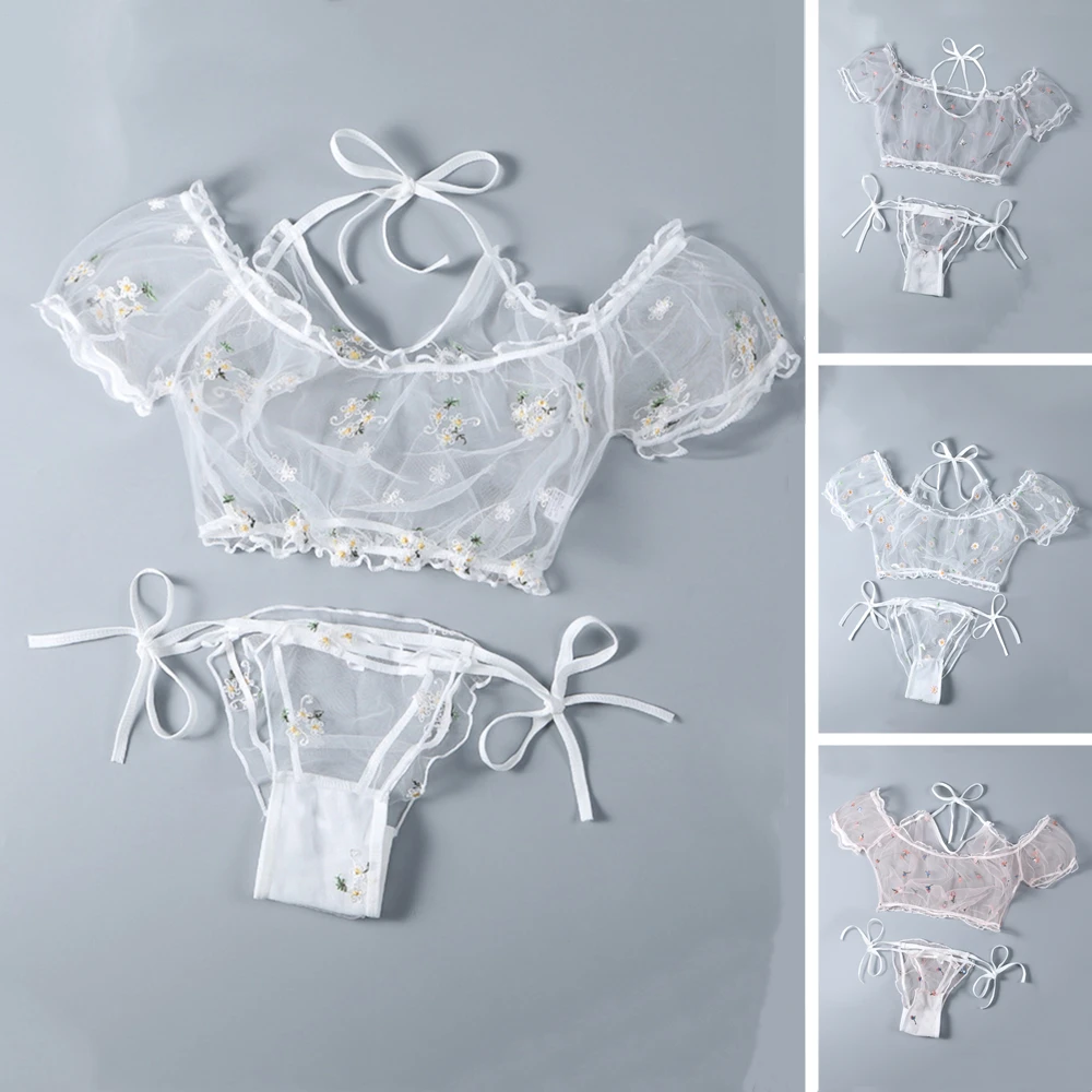 

Women's Underwear Sexy Sheer Mesh Lingerie Set For Women Transparent Embroidered Floral Agaric Laces Crop Tops Tie Side Panties