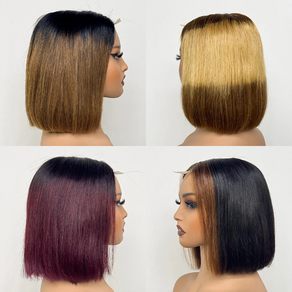 Double Drawn Bone Straight 100% Human Hair Wig 2x6 Lace Closure Colored 250% Density Short Bob Remy Hair Wigs for Black Women