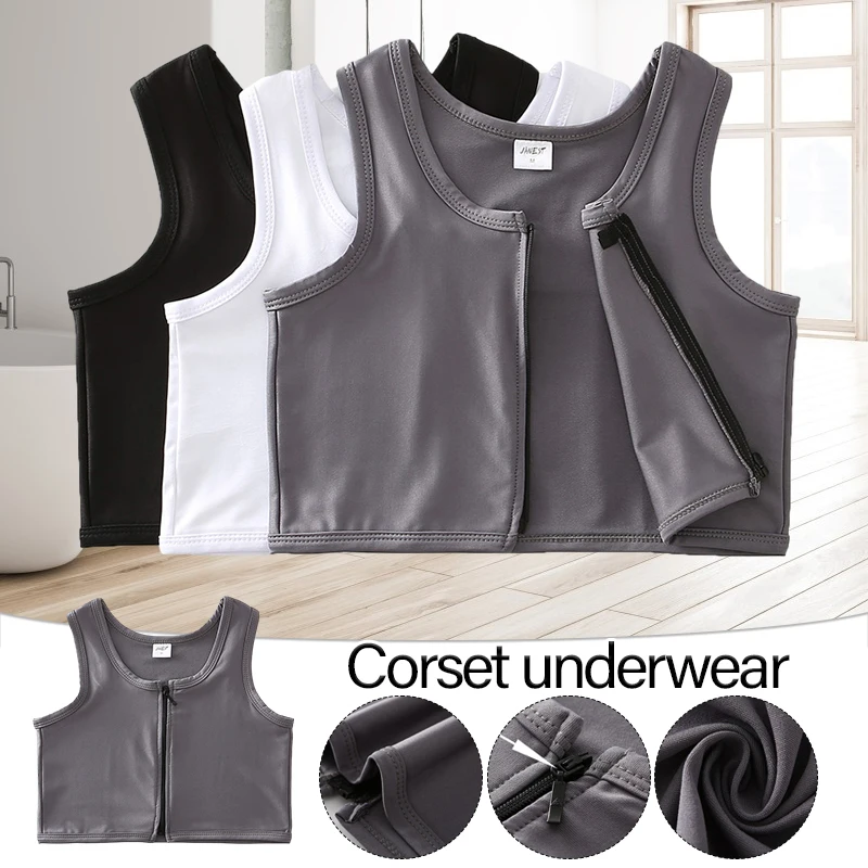Women Chest Breast Binder Short Vest Tops Tomboy Chest Binder Corset Underwear Tank Tops Zipper Flat Breast Slim Shaper
