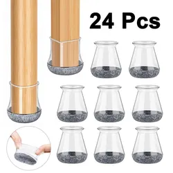 Silicone Chair Leg Caps with Felt Pads - Floor Protection for Hardwood Floors, 24 Pack Round Furniture Pads (Clear Gray)