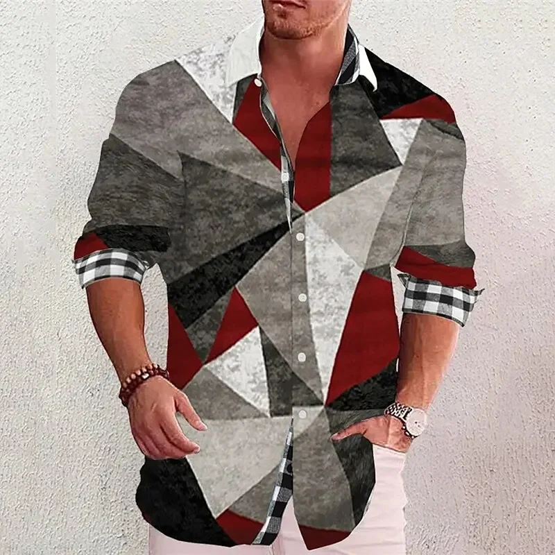

Мужская рубашка с геометрическим принтом, уличная дизайнерская Повседневная рубашка в клетку с воротником-стойкой и длинным рукавом, уличная одежда