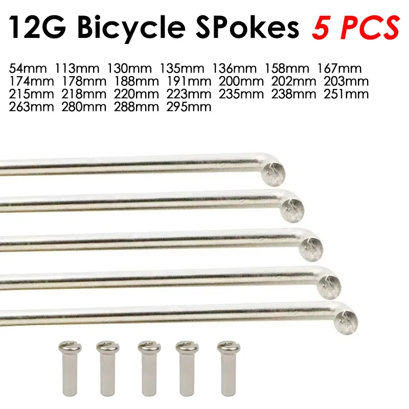 5 Sets 12G 54-295mm Length Bicycle Stainless Steel Spokes With Nipples J bend Silver Mountain Bike Spokes Cycling Repair Tool