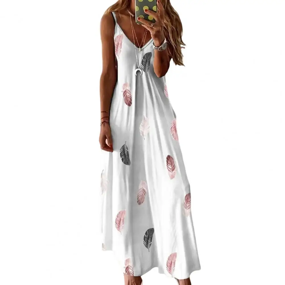 

Loose Fit Dress Summer Long Dress Bohemian Style Feather Maxi Dress for Summer Vacation V Neck A-line Ankle Length Strappy