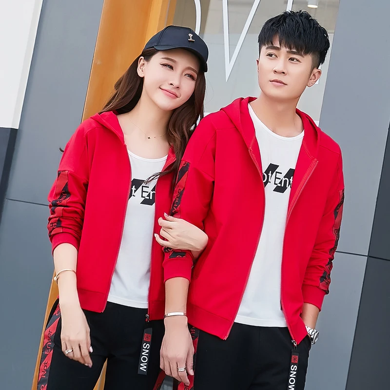 Hooded Sweater Adult Sports Suit Pure Cotton Red Spring and Autumn New KoreanStyle Couple Wear Loose Casual Trenddy Coat Fashion