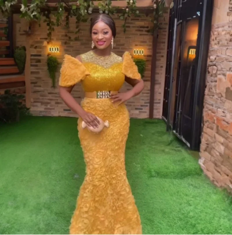 

Luxury Pink Mermaid Evening Dress Women Glitter Applique Flower Prom Gown Short Sleeves Elegant Sheath Fishtail Party Night Robe