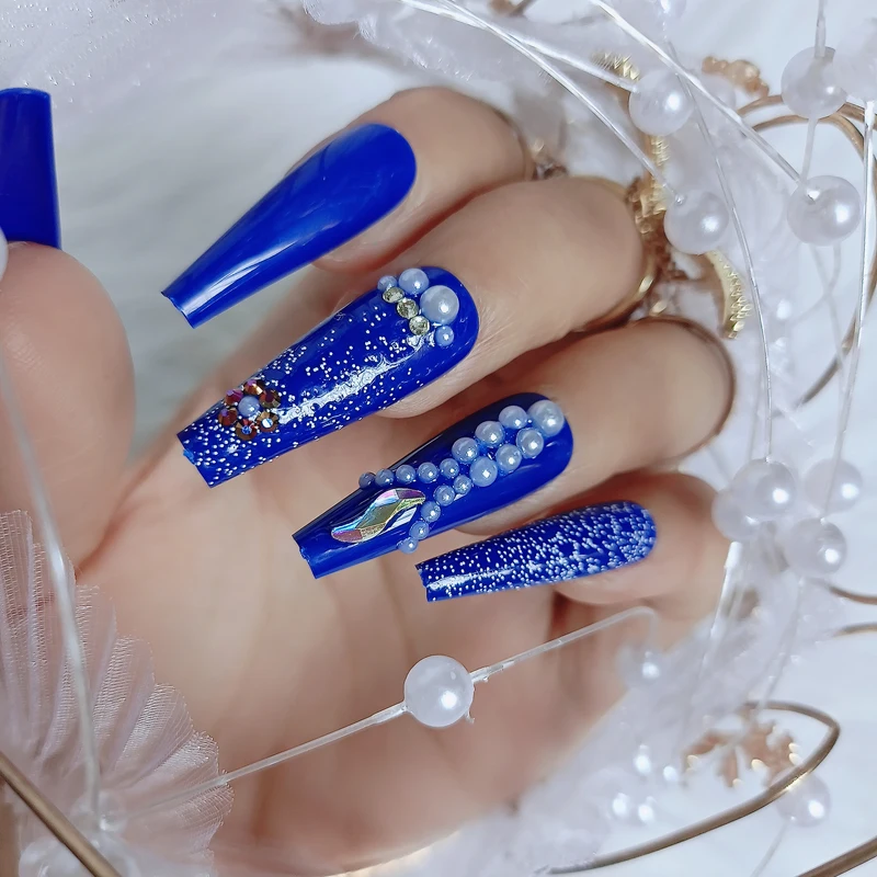 

24pcs white 2022 latest luxury jewelry ballet coffin fake nails crystal diamond deep blue