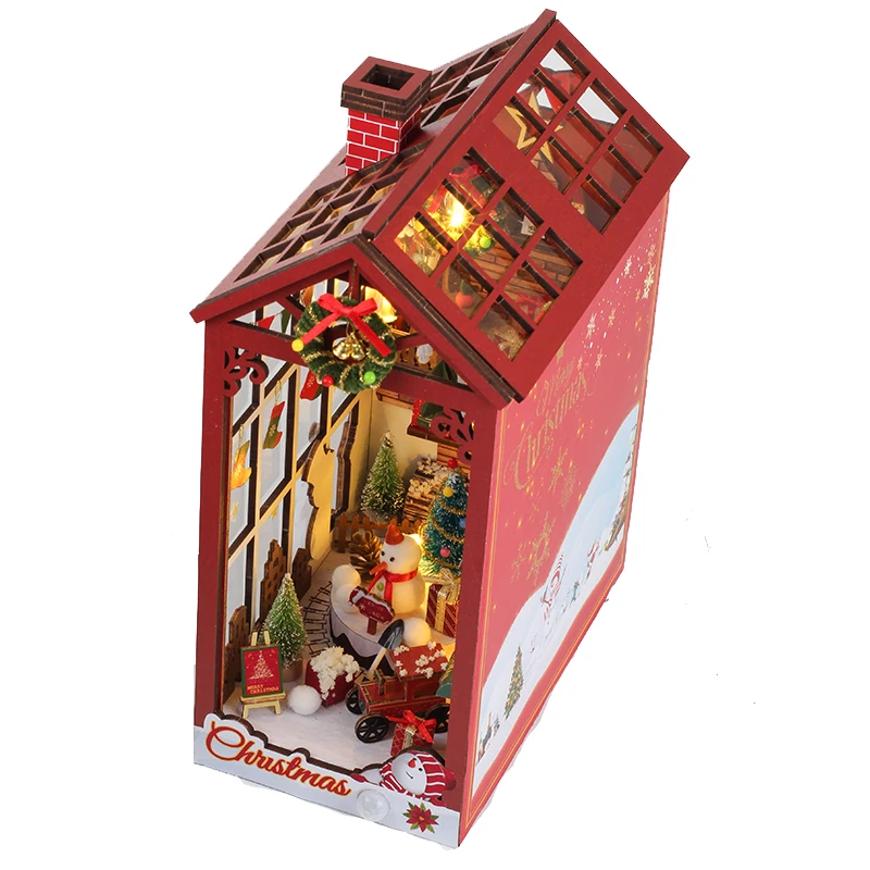 DIY Book Nook Wooden Miniature Model Kit Christmas House Bookend Assembled 3D Puzzle Bookshelf Home Decor Adults Gifts 4