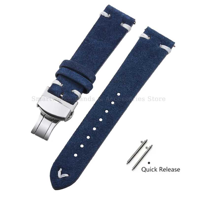 Vintage Handmade Suede Stitch Leather Watch Strap with Quick Release and Folding Clasp